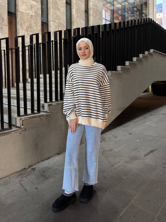 Chandail Blanc à Rayures Bleues Denim